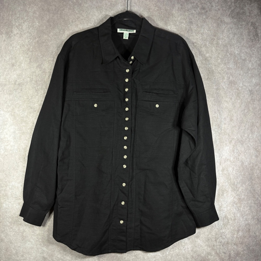 Boston Proper Shirt Women 14 Black Linen Blend Utility Safari Button Down Casual